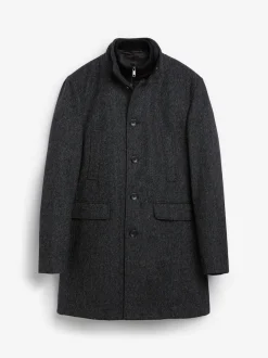 Charcoal Grey Wool Blend Mock Gilet Herringbone Padded Coat