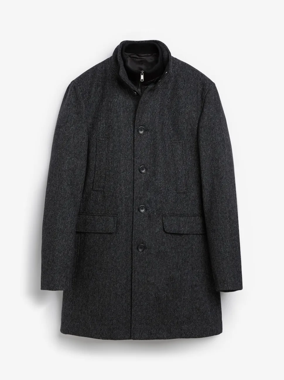 Charcoal Grey Wool Blend Mock Gilet Herringbone Padded Coat