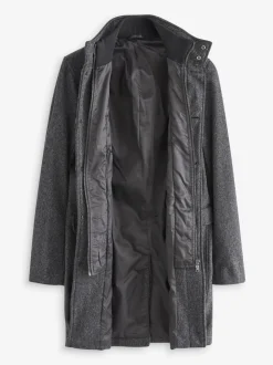 Charcoal Grey Wool Blend Mock Gilet Herringbone Padded Coat