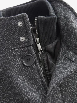 Charcoal Grey Wool Blend Mock Gilet Herringbone Padded Coat