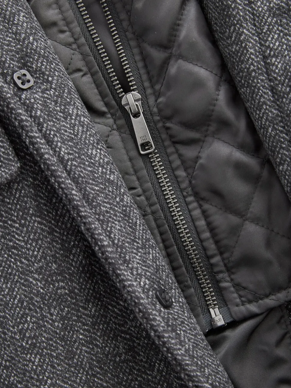Charcoal Grey Wool Blend Mock Gilet Herringbone Padded Coat