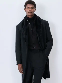 Charcoal Grey Wool Rich Check Epsom Coat With Fur Trim Lapel