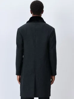 Charcoal Grey Wool Rich Check Epsom Coat With Fur Trim Lapel