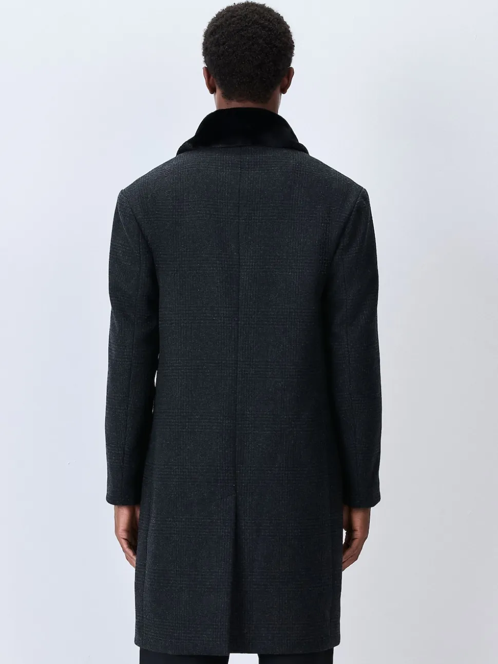 Charcoal Grey Wool Rich Check Epsom Coat With Fur Trim Lapel
