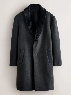 Charcoal Grey Wool Rich Check Epsom Coat With Fur Trim Lapel