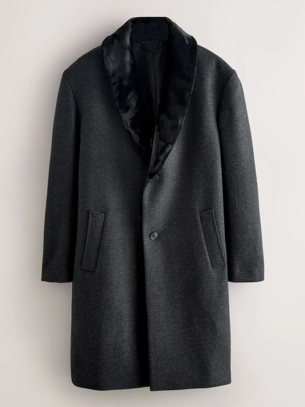 Charcoal Grey Wool Rich Check Epsom Coat With Fur Trim Lapel