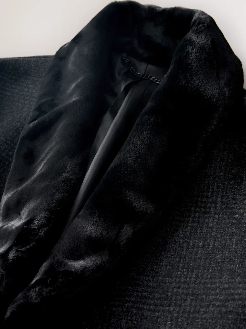 Charcoal Grey Wool Rich Check Epsom Coat With Fur Trim Lapel