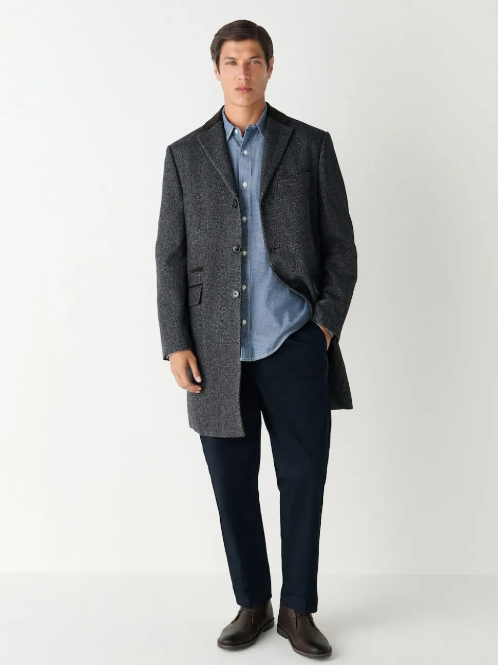 Charcoal Grey Wool Rich Epsom With Corduroy Trim Coat