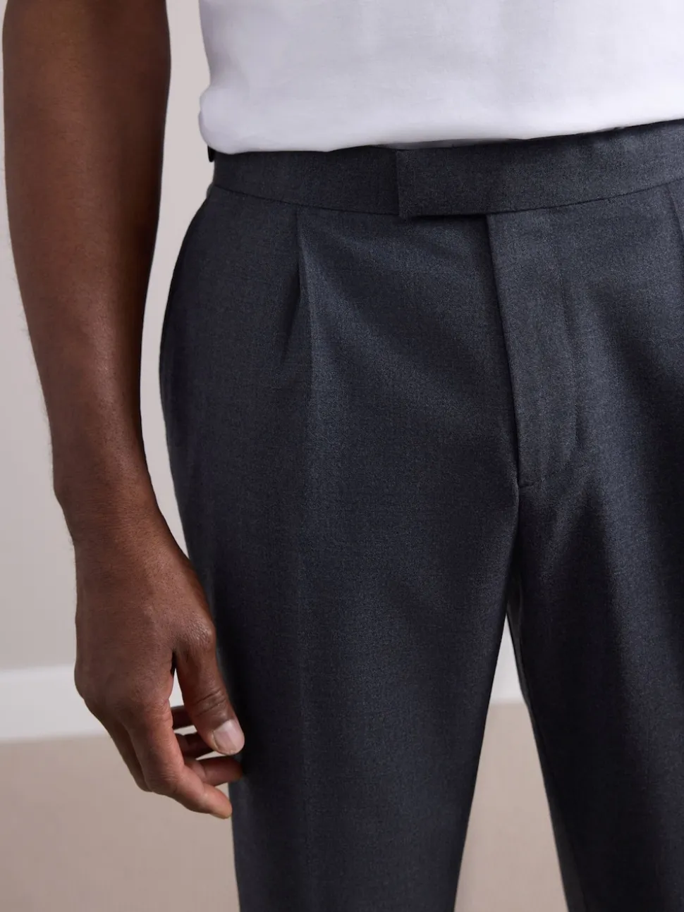 Charcoal Grey Wool Rich Smart Textured Trousers With Side Adjusters