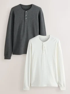 Charcoal Grey/Ecru White Long Sleeve Grandad Collar T-Shirts 2 Pack