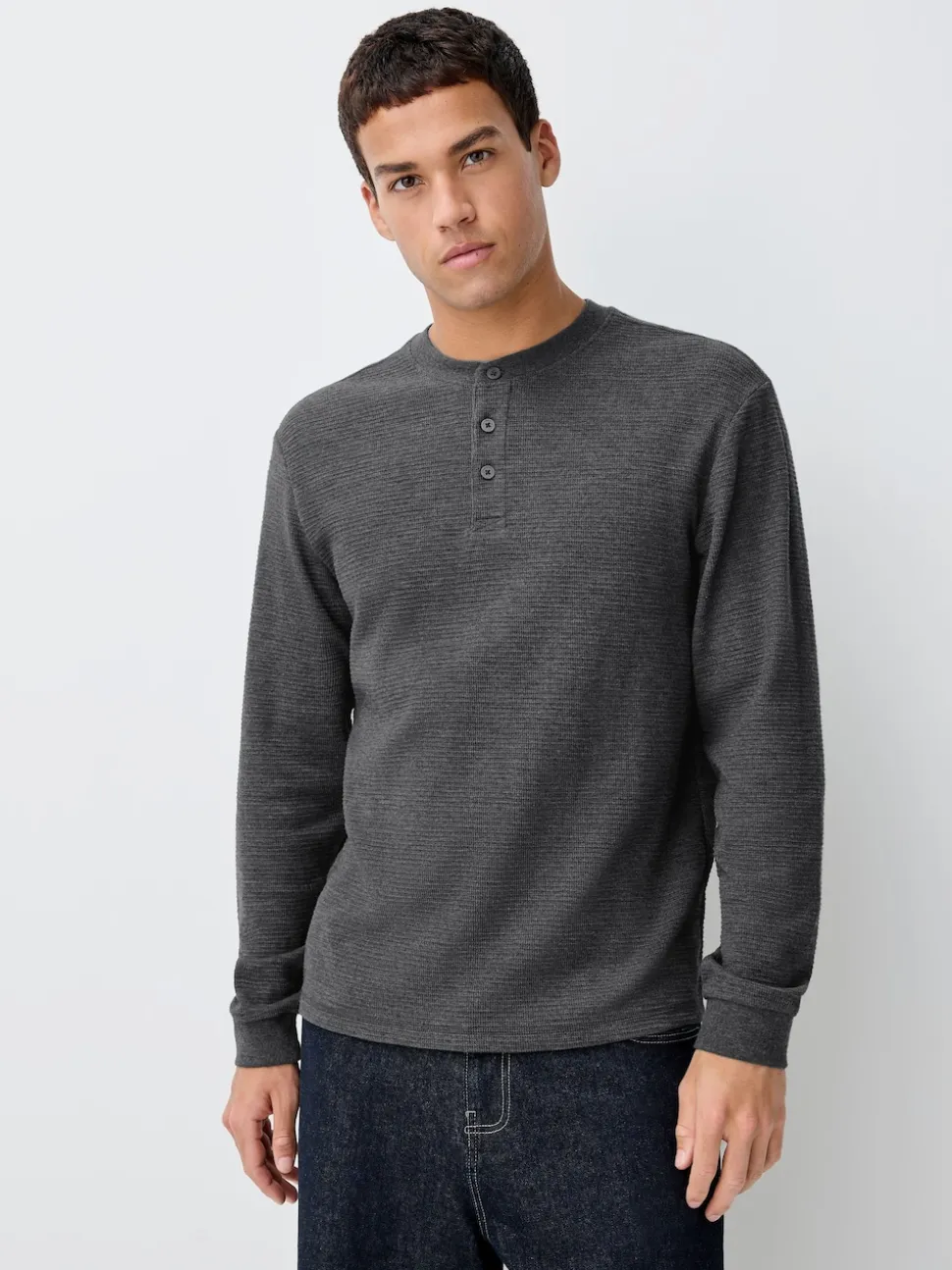 Charcoal Grey/Ecru White Long Sleeve Grandad Collar T-Shirts 2 Pack