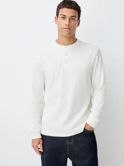 Charcoal Grey/Ecru White Long Sleeve Grandad Collar T-Shirts 2 Pack