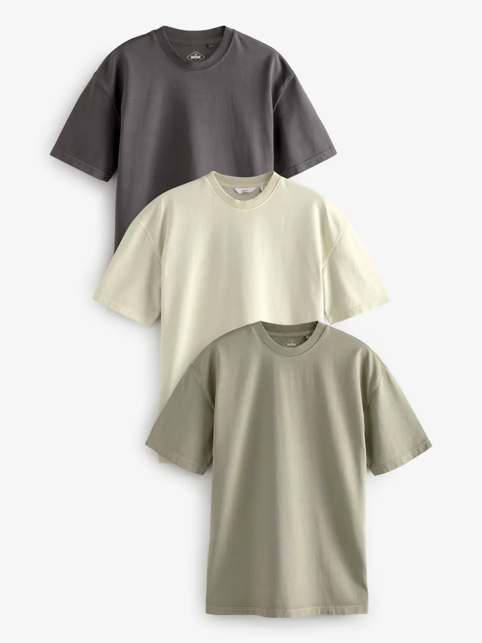 Charcoal Grey/Green/Ecru Garment Dye Relaxed Fit Heavyweight T-Shirts 3 Pack