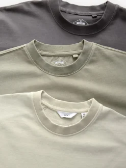Charcoal Grey/Green/Ecru Garment Dye Relaxed Fit Heavyweight T-Shirts 3 Pack