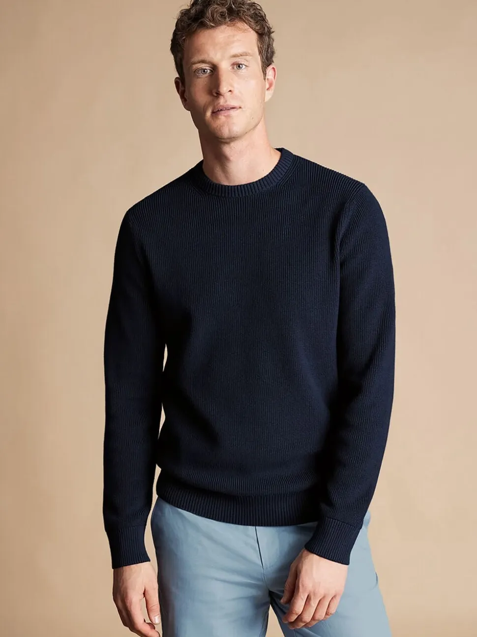 Charles Tyrwhitt Blue Combed 100% Cotton Rib Crew Neck Jumper