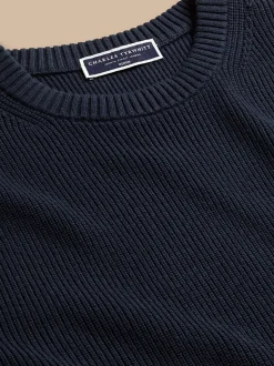 Charles Tyrwhitt Blue Combed 100% Cotton Rib Crew Neck Jumper