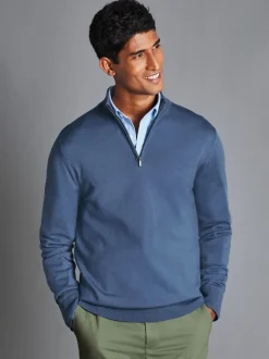 Charles Tyrwhitt Blue Pure Merino Quarter Zip Jumper