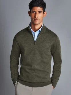 Charles Tyrwhitt Green Pure Merino Quarter Zip Jumper