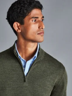 Charles Tyrwhitt Green Pure Merino Quarter Zip Jumper