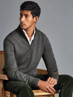 Charles Tyrwhitt Grey Pure Merino Quarter Zip Jumper