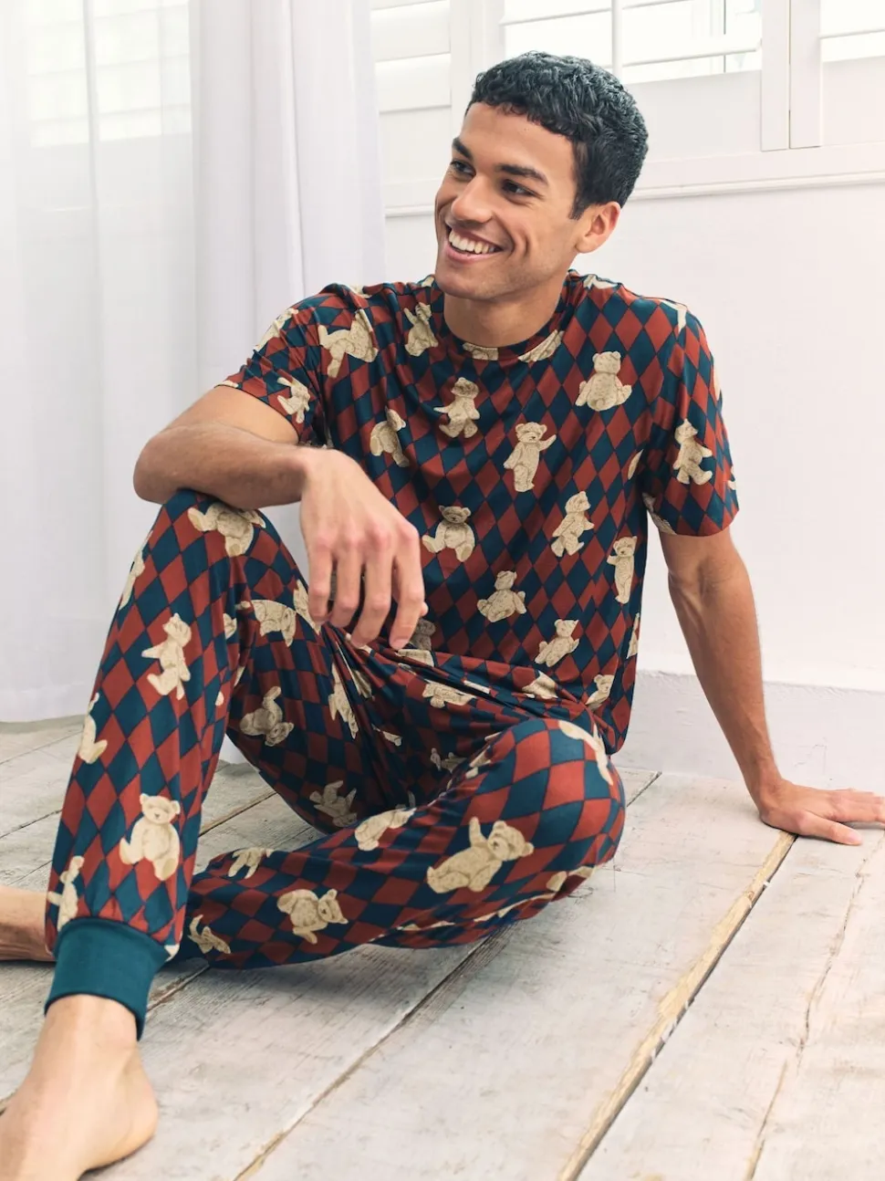 Chelsea Peers Blue Argyle Bear Print Long Pyjamas Set