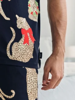 Chelsea Peers Blue Christmas Leopard Print Short Pyjamas Set