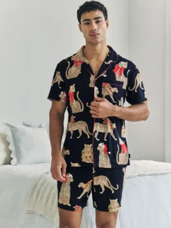 Chelsea Peers Blue Christmas Leopard Print Short Pyjamas Set
