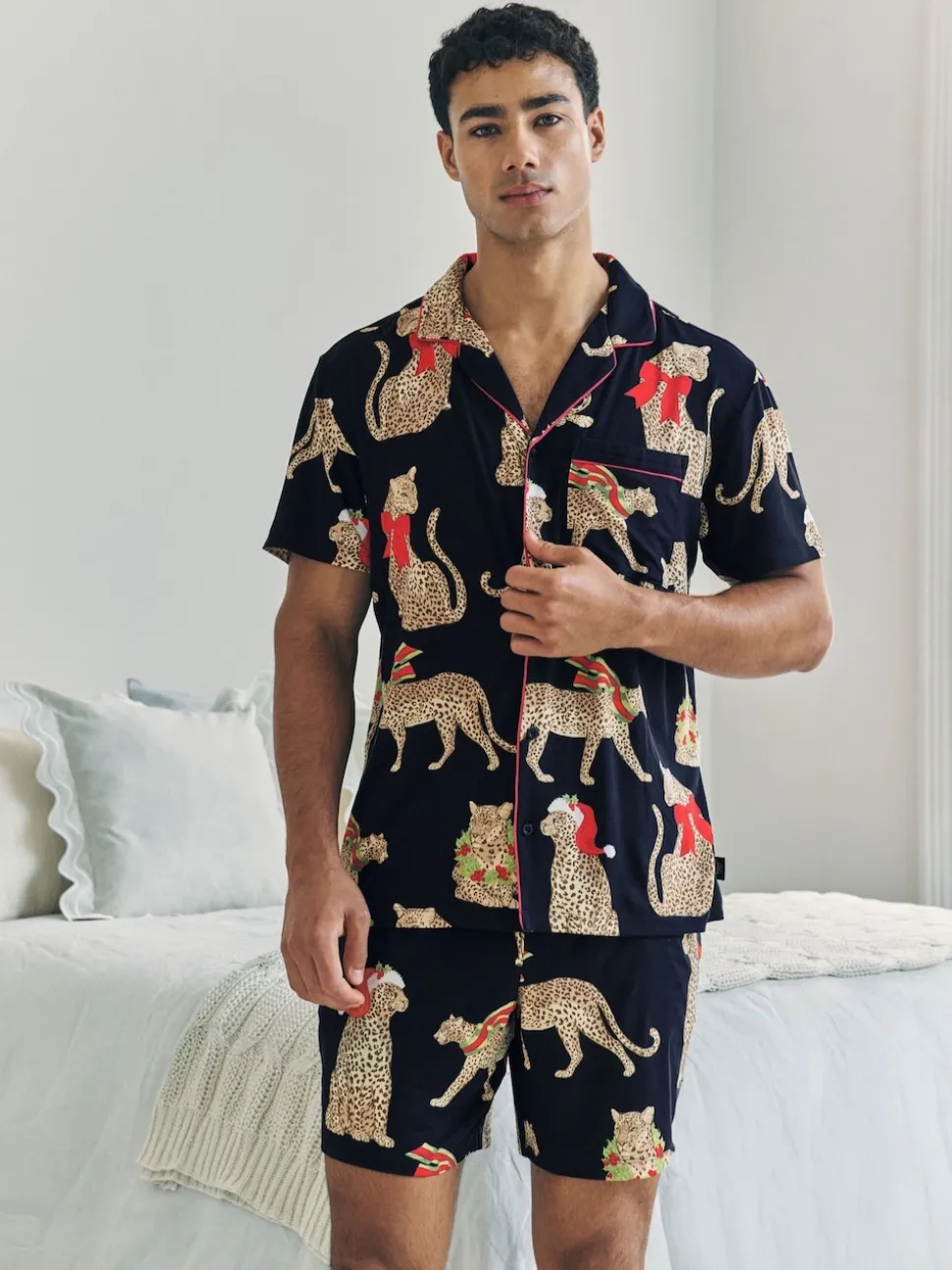 Chelsea Peers Blue Christmas Leopard Print Short Pyjamas Set
