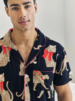 Chelsea Peers Blue Christmas Leopard Print Short Pyjamas Set