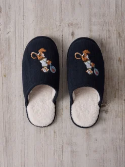 Chelsea Peers Blue Corduroy Embroidered Tennis Tiger Slippers