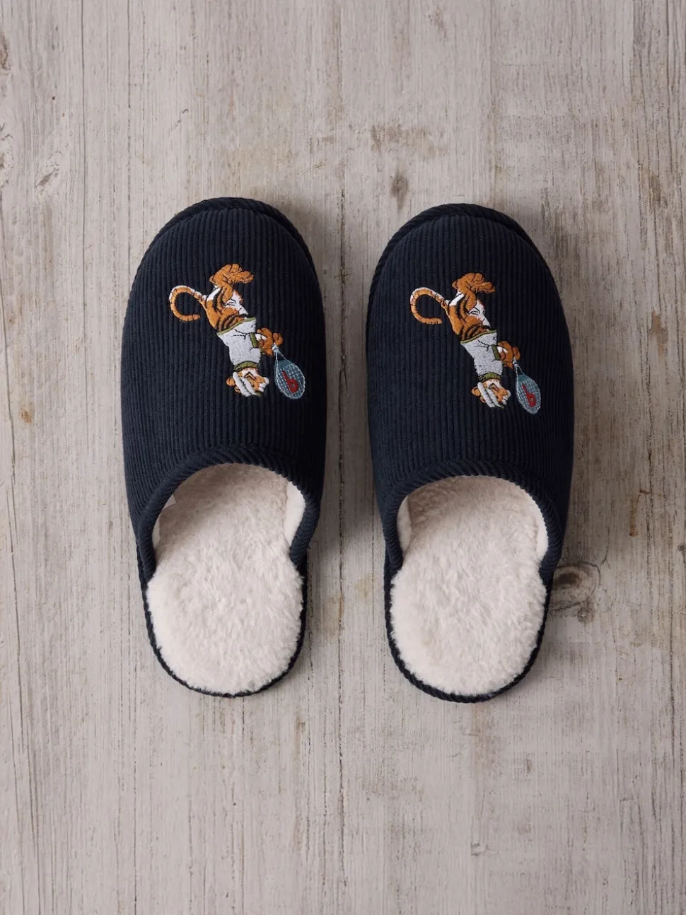 Chelsea Peers Blue Corduroy Embroidered Tennis Tiger Slippers