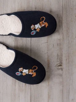 Chelsea Peers Blue Corduroy Embroidered Tennis Tiger Slippers