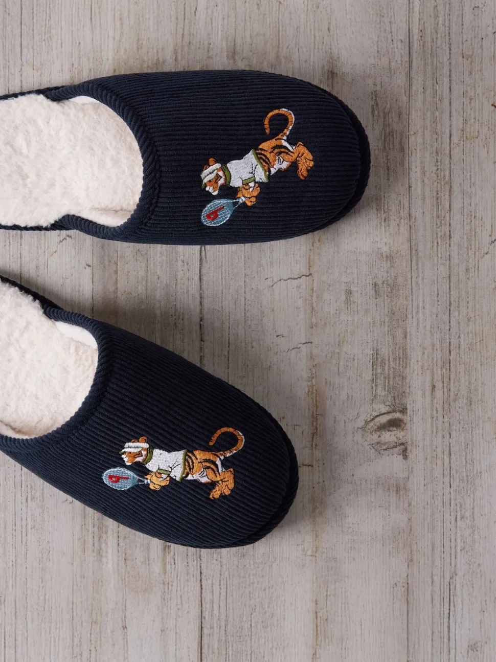 Chelsea Peers Blue Corduroy Embroidered Tennis Tiger Slippers