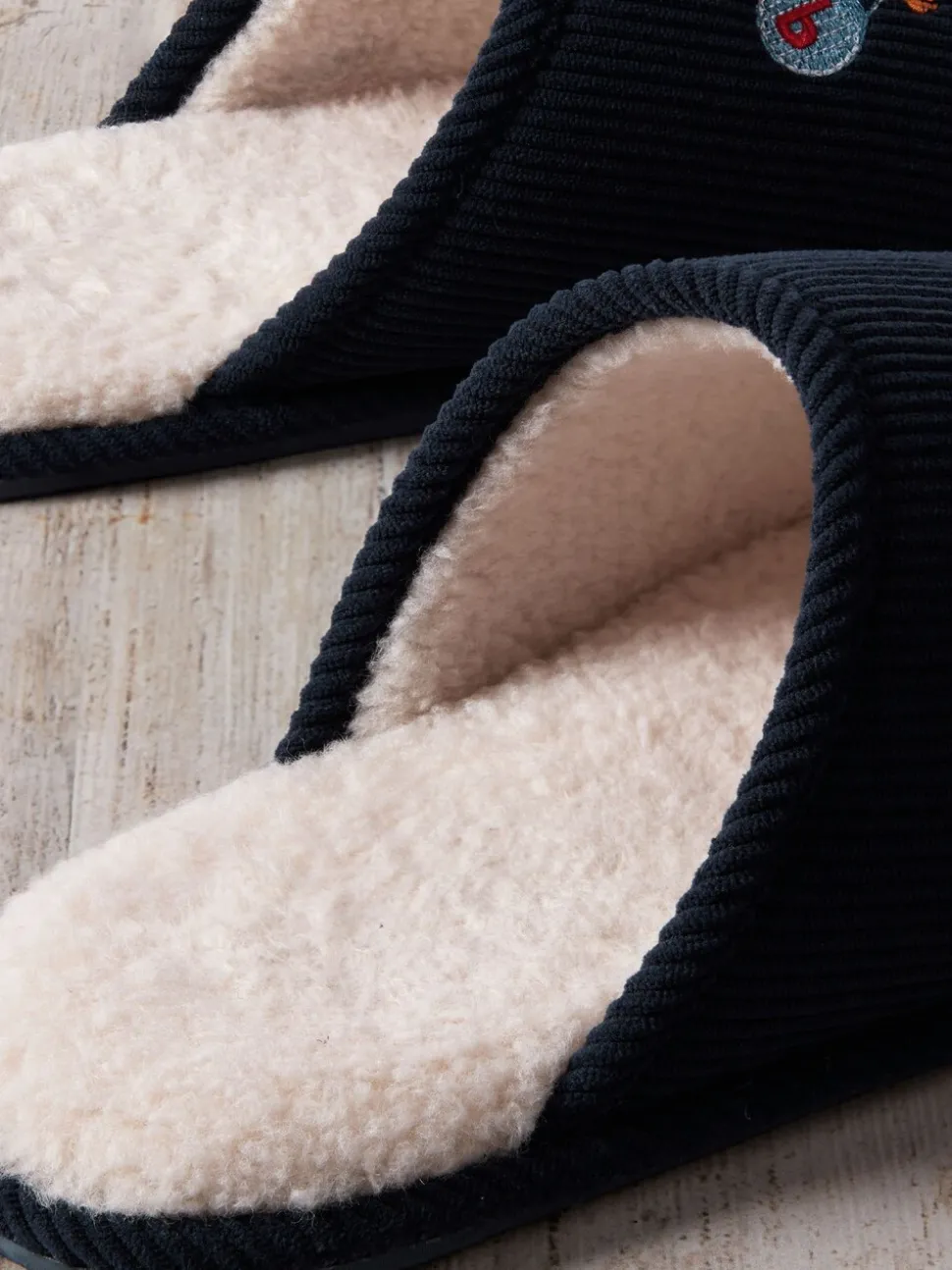Chelsea Peers Blue Corduroy Embroidered Tennis Tiger Slippers