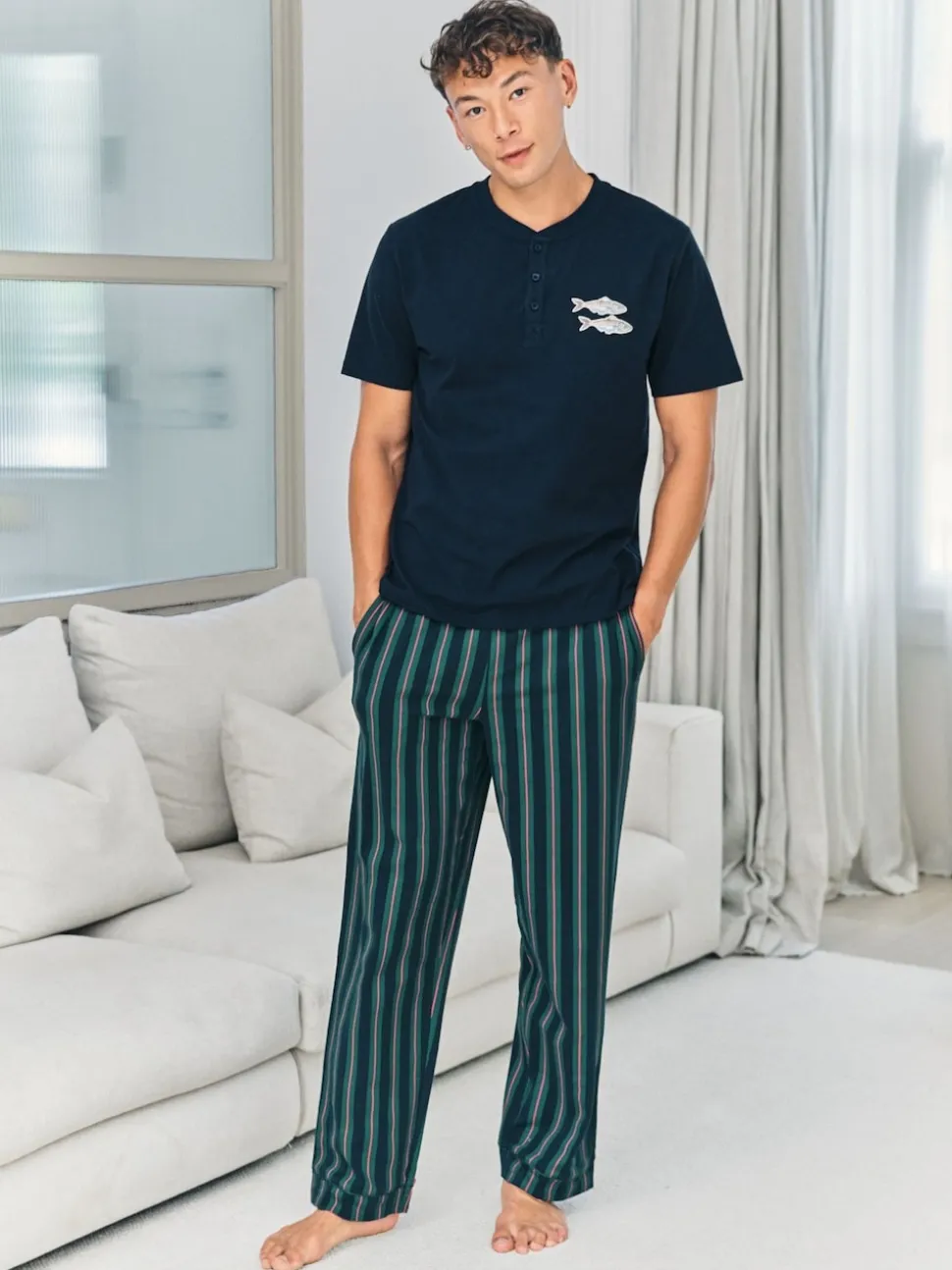Chelsea Peers Blue Embroidered Fish Henley Stripe Long Pyjama Set