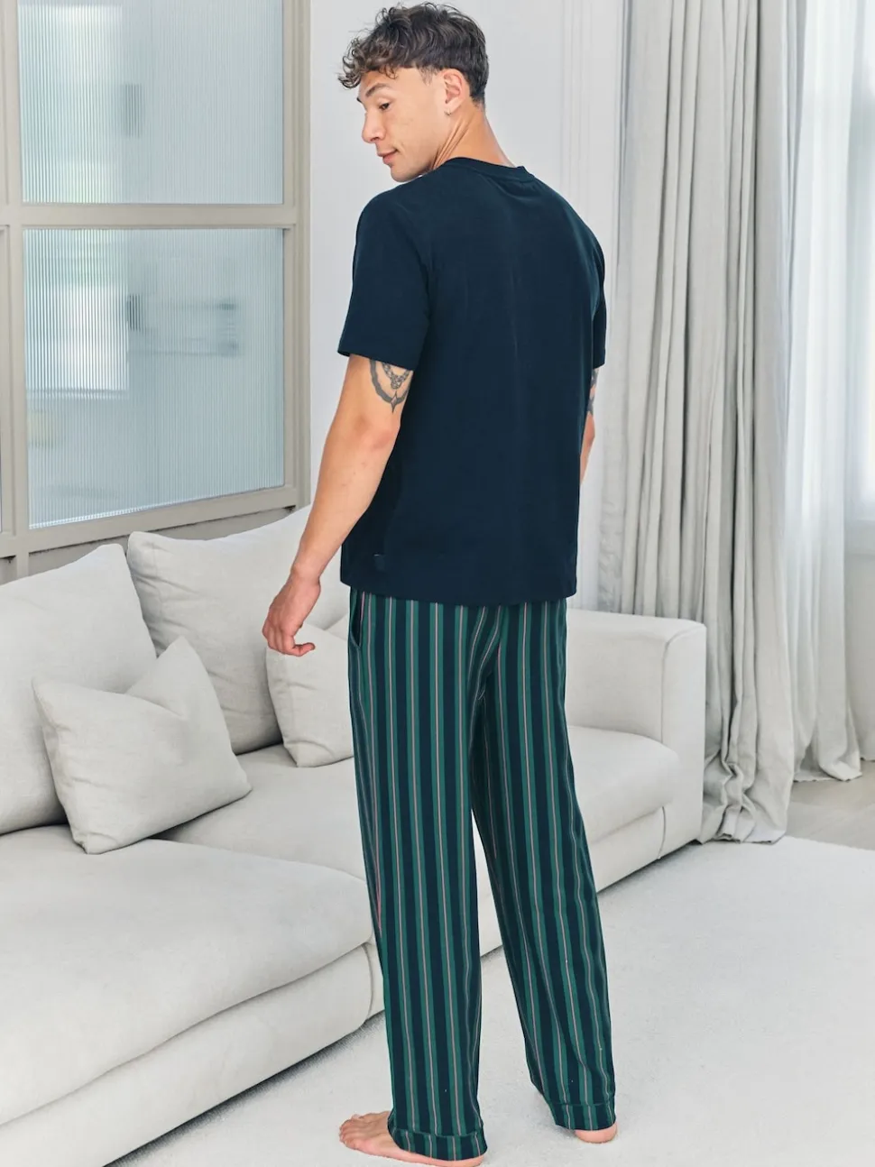 Chelsea Peers Blue Embroidered Fish Henley Stripe Long Pyjama Set