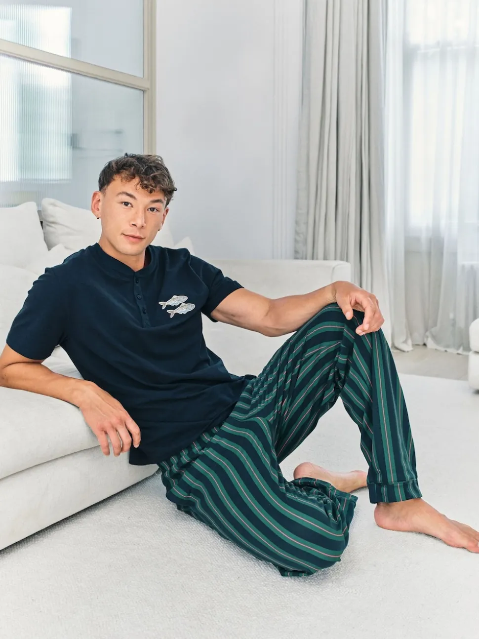 Chelsea Peers Blue Embroidered Fish Henley Stripe Long Pyjama Set