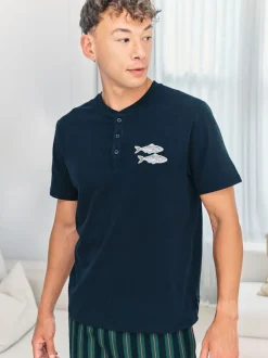 Chelsea Peers Blue Embroidered Fish Henley Stripe Long Pyjama Set