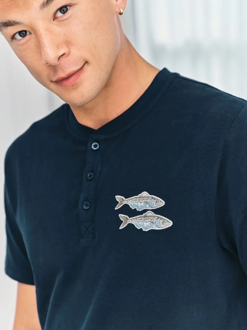 Chelsea Peers Blue Embroidered Fish Henley Stripe Long Pyjama Set