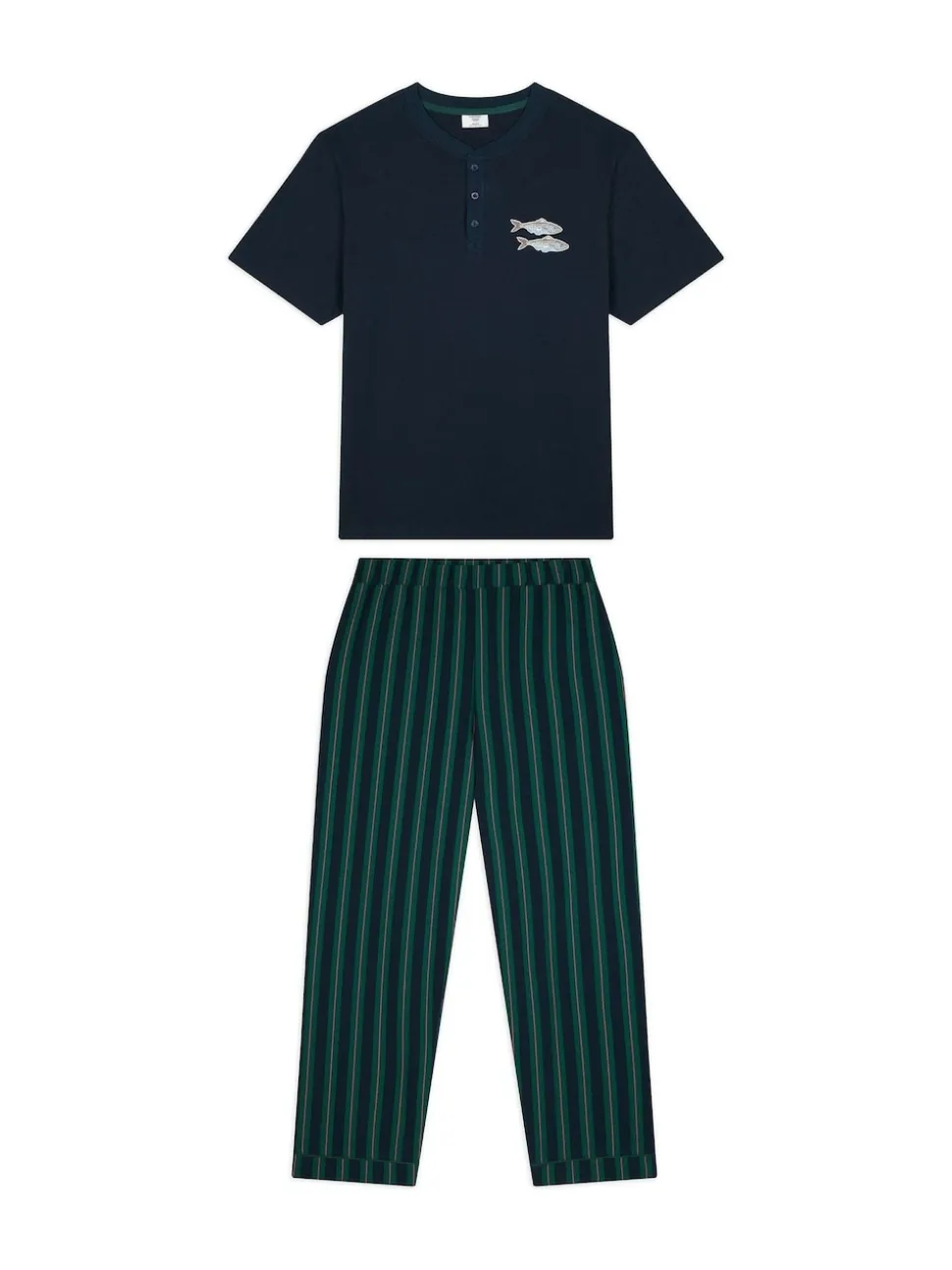 Chelsea Peers Blue Embroidered Fish Henley Stripe Long Pyjama Set