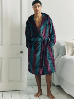 Chelsea Peers Blue Fleece Stripe Hooded Dressing Gown