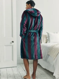 Chelsea Peers Blue Fleece Stripe Hooded Dressing Gown