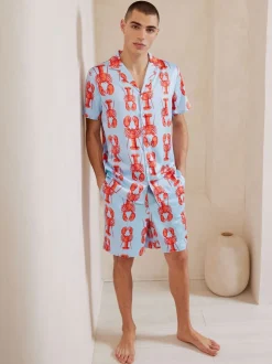 Chelsea Peers Blue Satin Lobster Print Short Pyjamas Set
