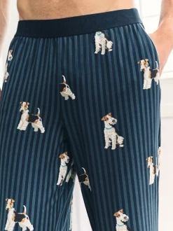 Chelsea Peers Blue Terrier Dog Stripe Print Long Pyjama Bottoms