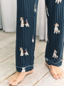 Chelsea Peers Blue Terrier Dog Stripe Print Long Pyjama Bottoms