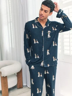Chelsea Peers Blue Terrier Dog Stripe Print Long Pyjamas Set