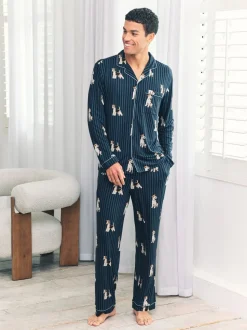 Chelsea Peers Blue Terrier Dog Stripe Print Long Pyjamas Set
