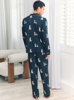 Chelsea Peers Blue Terrier Dog Stripe Print Long Pyjamas Set