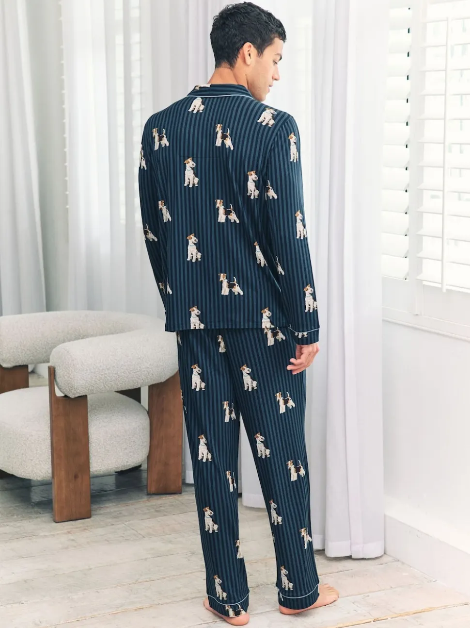 Chelsea Peers Blue Terrier Dog Stripe Print Long Pyjamas Set