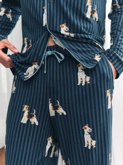 Chelsea Peers Blue Terrier Dog Stripe Print Long Pyjamas Set